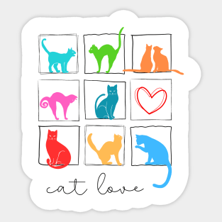 Nine colorful cats in square frame and one heart Sticker